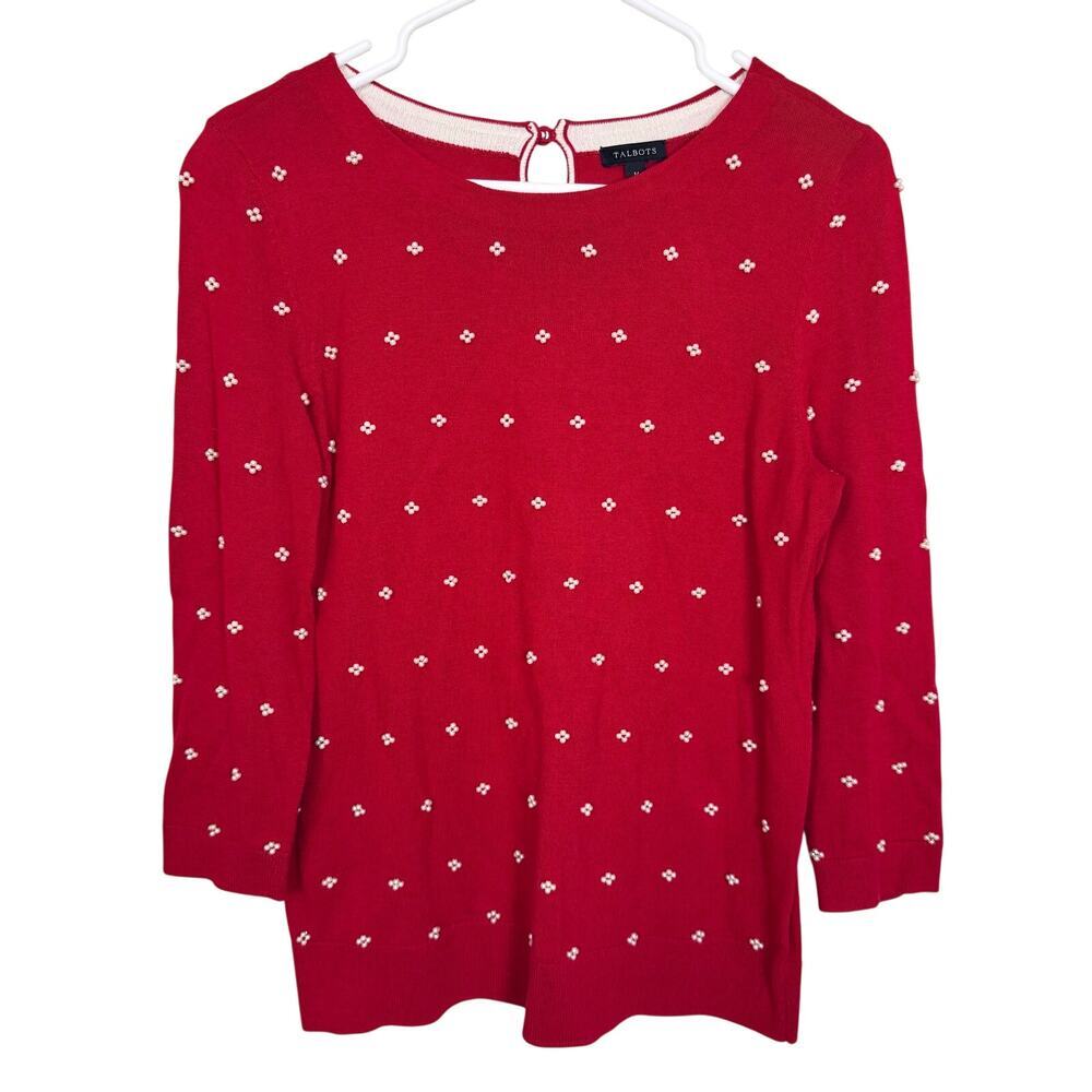 Talbots Pearl Beaded Sweater Red Knit 3/4 Sleeves Medium EUC Feminine Preppy